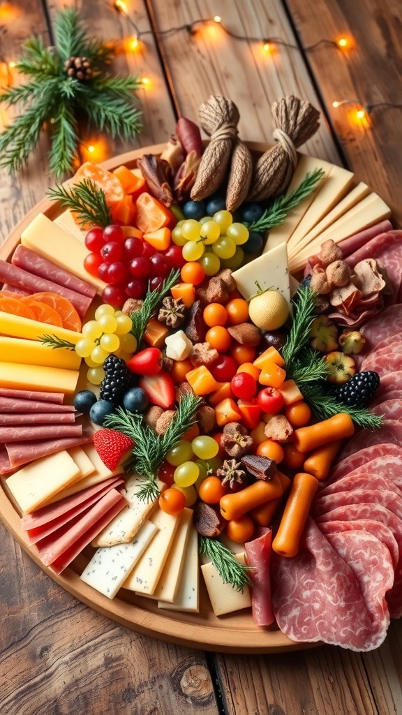 A festive charcuterie board with meats, cheeses, fruits, and nuts for Christmas Eve.